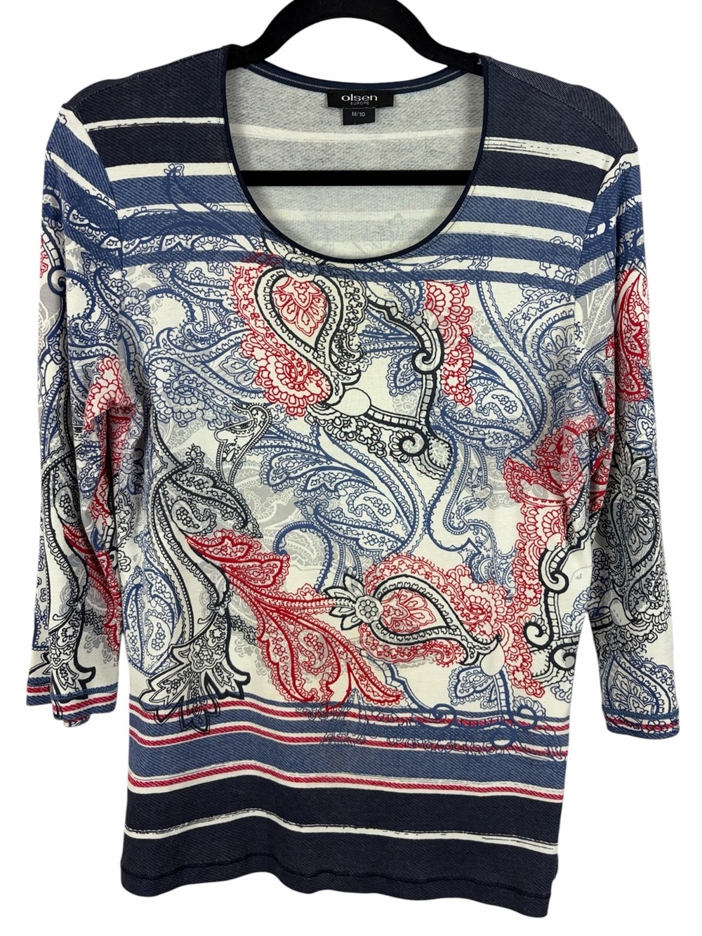 Olsen Europe Paisley Stripe Knit Top Navy Red White Medium